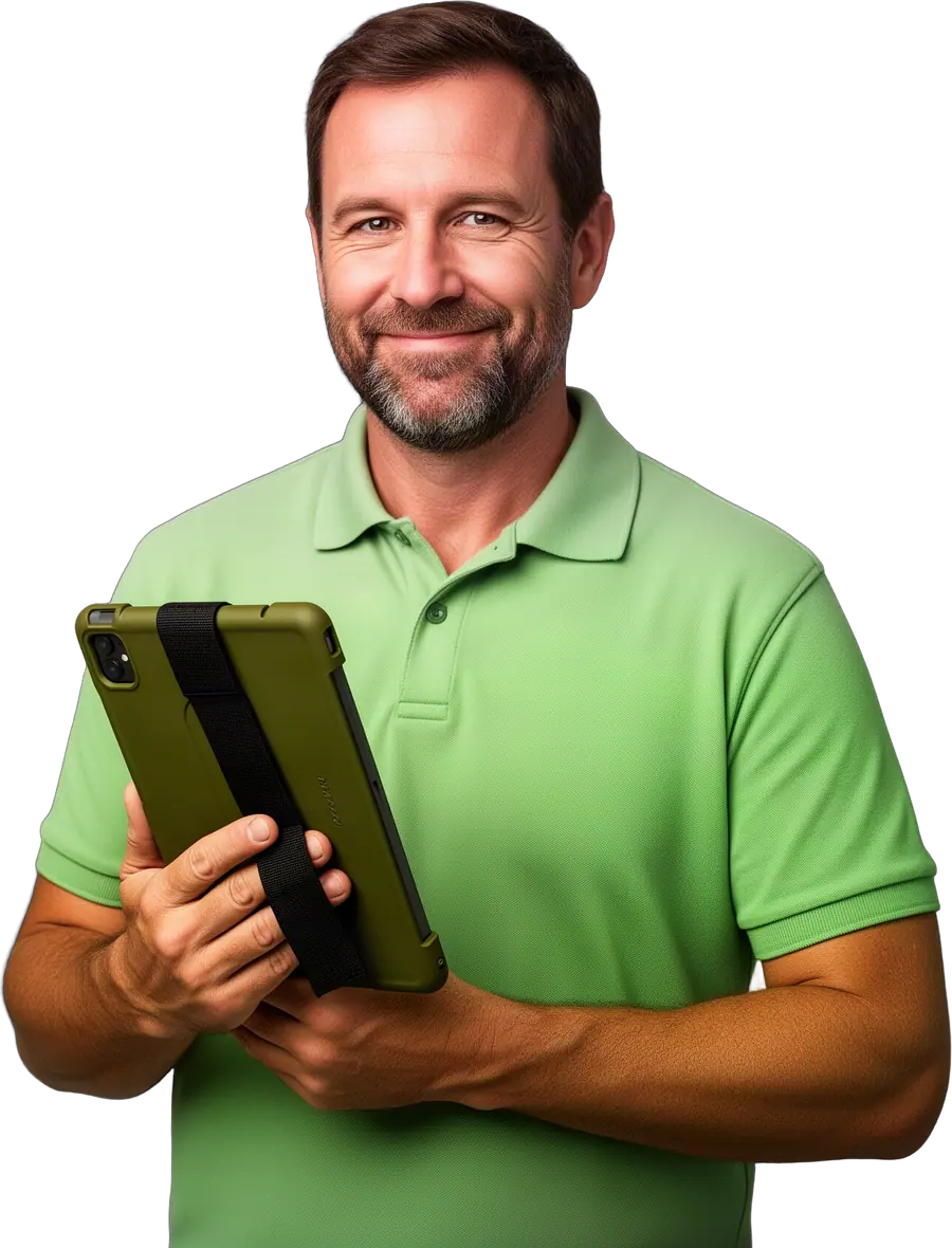A smiling man with a short beard in a green polo holding an olive-cased tablet.
