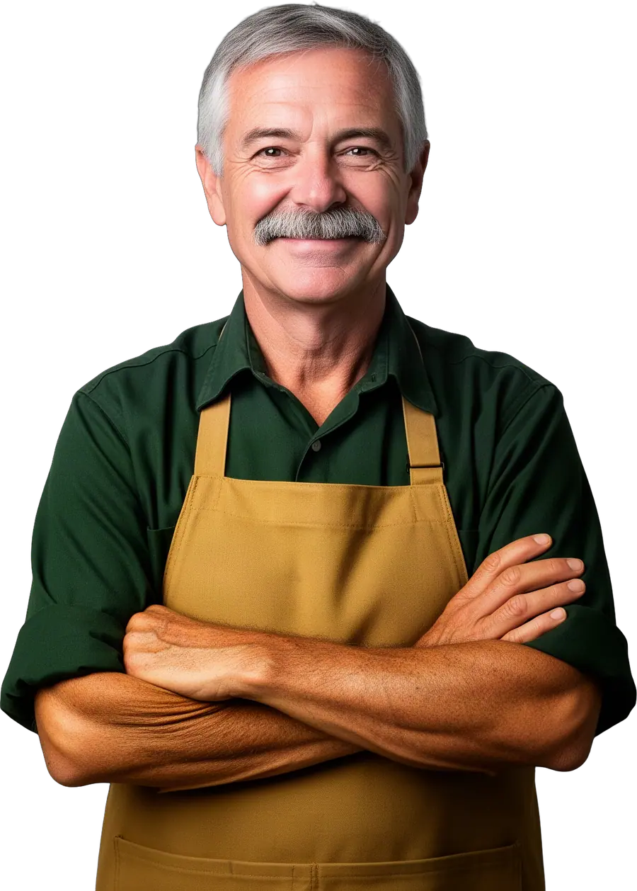 A smiling gray-haired man with a moustache in a green shirt and tan apron, arms crossed.