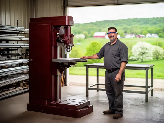 A smiling fabricator beside his new dark-red drill press, green hills through the open door.