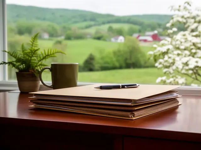Closed kraft folders with a pen on a desk by a window onto green hills and a dogwood.